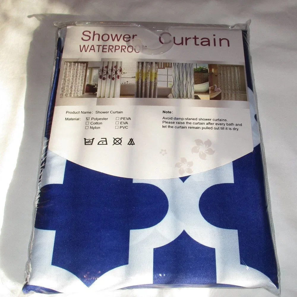 Waterproof Bathroom Shower Curtain w Hooks Set Polyester Moroccan Blue 72 X 72